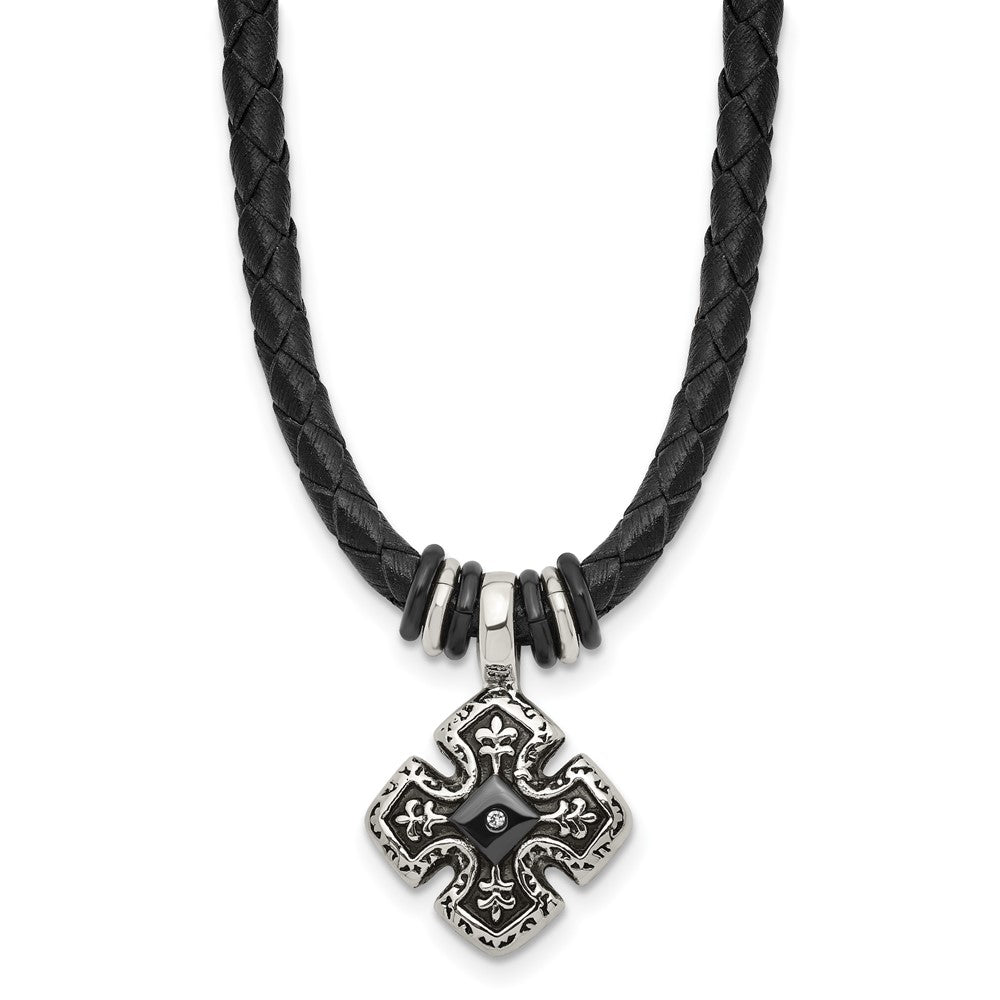 Stainless Steel Polished Black IP w/CZ Black Leather 21in Necklace