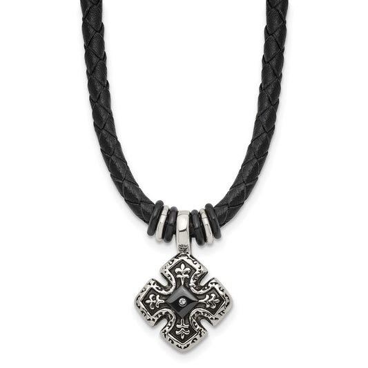 Stainless Steel Polished Black IP w/CZ Black Leather 21in Necklace