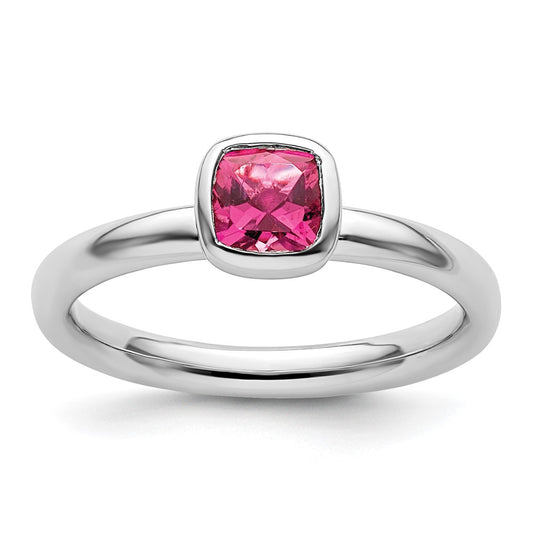 SS Stackable Expressions Cushion Cut Pink Tourmaline Ring Size -7