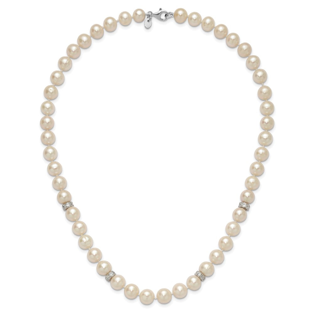 Sterling Silver Rhodium-plated 9-10mm White Near-Round Freshwater Cultured Pearl and CZ 18 inch Necklace 18 Inches