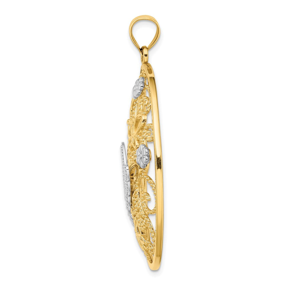 14k Two-Tone w/Rhodium Butterfly and Flowers in Oval Frame Charm