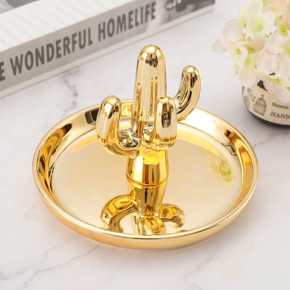 Ceramic Golden Cactus Jewelry Ring Dish Tray