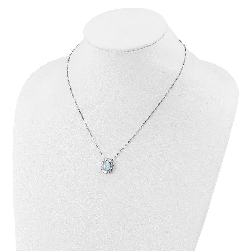 Cheryl M Sterling Silver Rhodium-plated Polished Created Opal and CZ Oval Halo Necklace 18 Inches