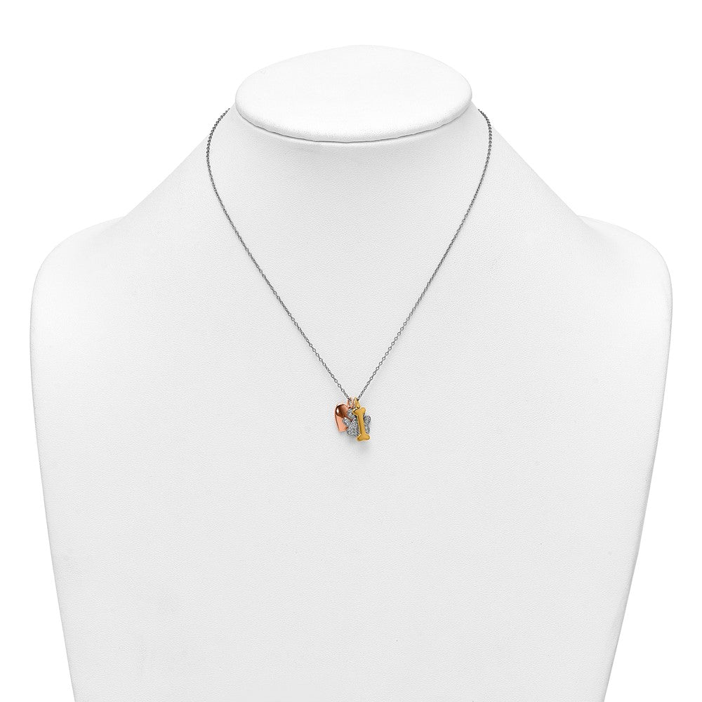 Sterling Silver Rose and Yellow Gold-plated Polished CZ Pawprint Heart and Bone 16 Inch with 2 Inch Extension Necklace 16 Inches