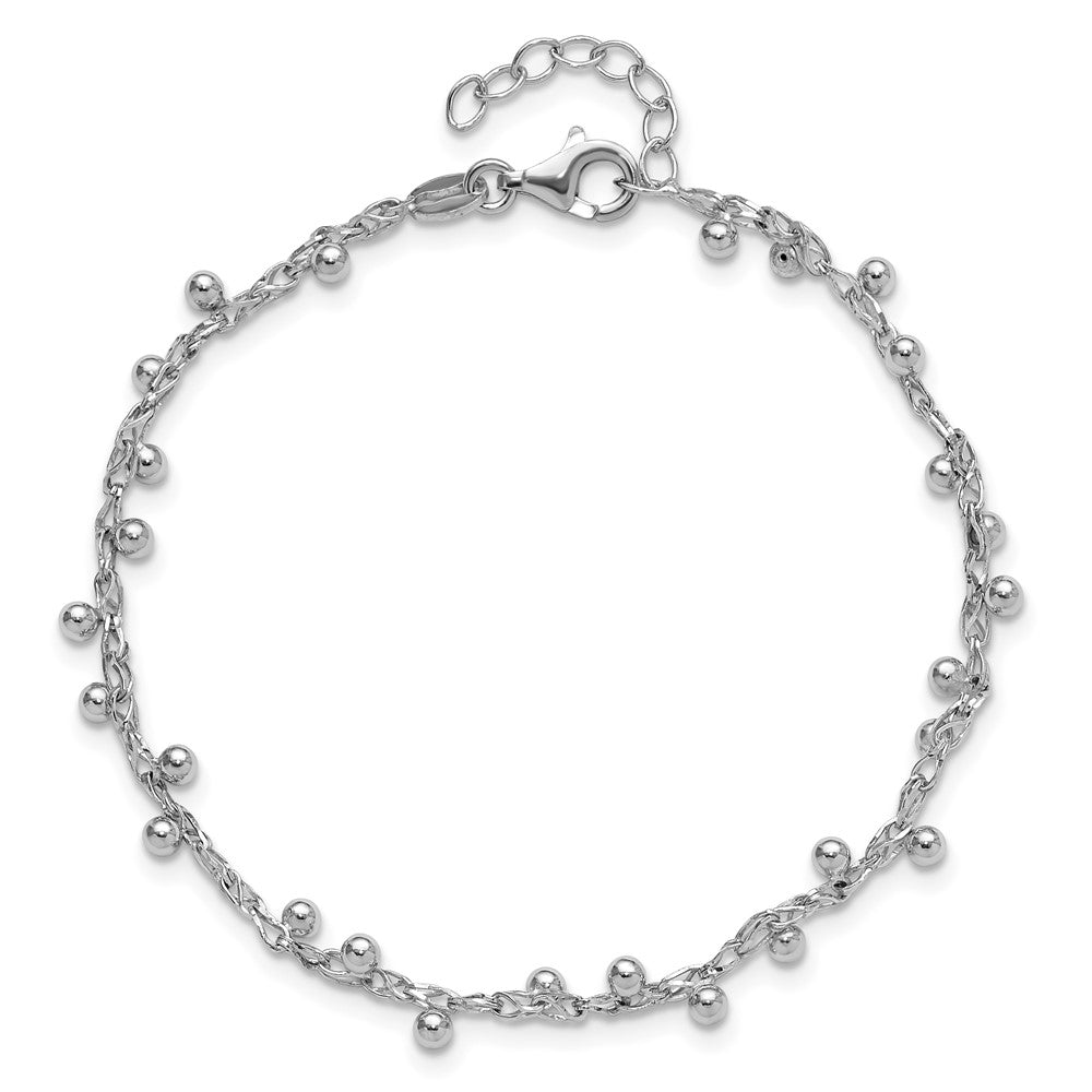 Sterling Silver Rhod-plated Polished Beaded w/1in ext. Bracelet