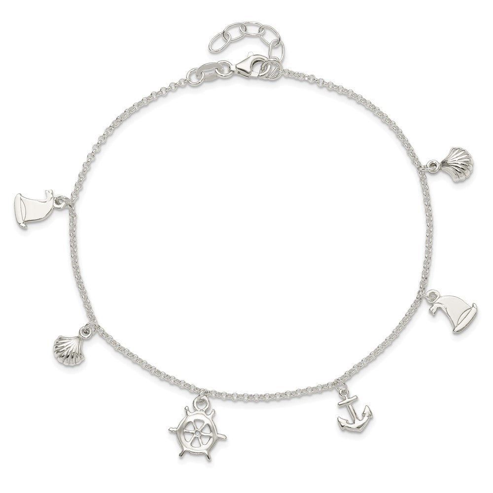 Sterling Silver Polished Ocean Theme 9in Plus 1in Ext. Anklet 9 inches