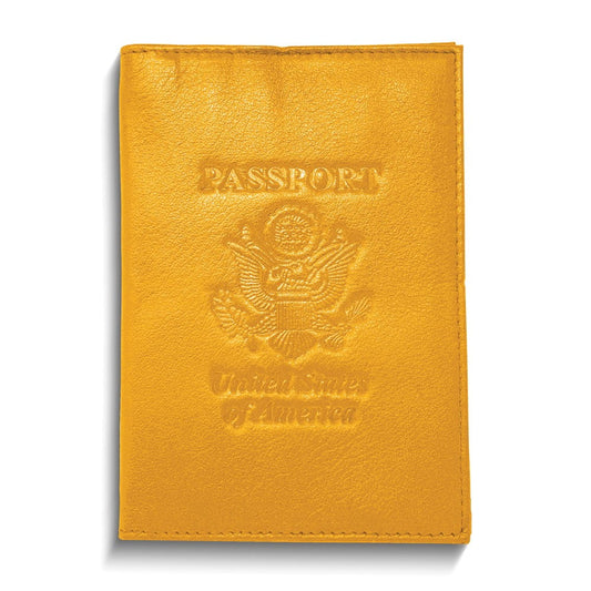 Yellow Genuine Cowhide Leather RFID Blocking Passport Wallet with 3 Interior Slots QGM22569