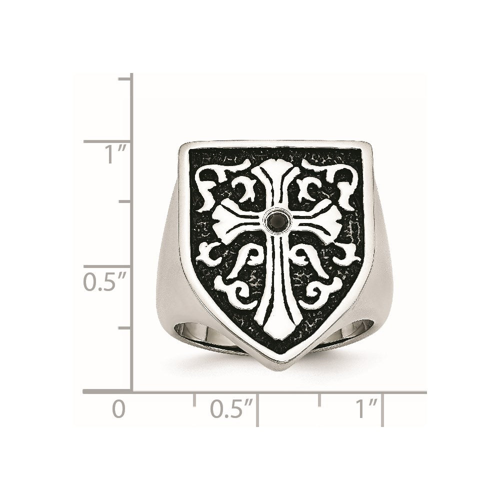 Stainless Steel Antiqued & Polished 1/20ct Black Diamond Shield Ring Size - 12