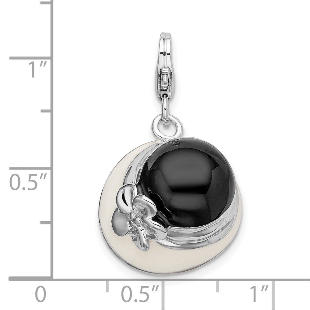 Amore La Vita Sterling Silver Rhodium-plated Polished 3-D Black and White Enameled Hat Charm with Fancy Lobster Clasp