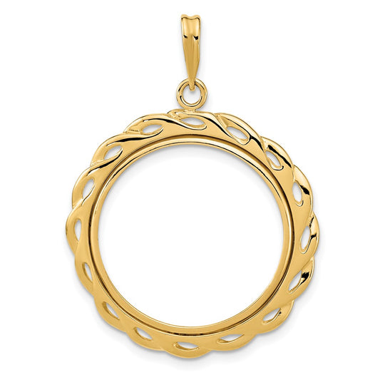 Wideband Distinguished Coin Jewelry 14k Polished Waved Filigree 21.6mm Prong Coin Bezel Pendant