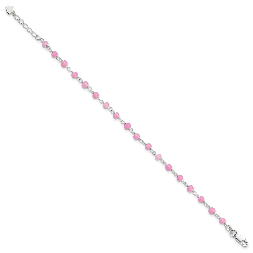 Sterling Silver Pink Glass Bead with Heart 8in Plus 1in ext Anklet 9 inches
