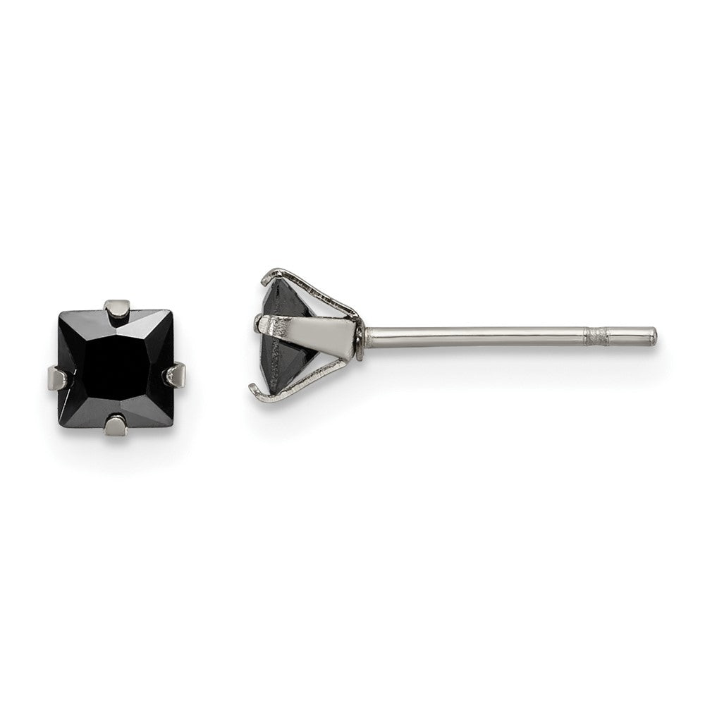 Stainless Steel Polished 4mm Black Square CZ Stud Post Earrings