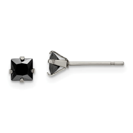 Stainless Steel Polished 4mm Black Square CZ Stud Post Earrings