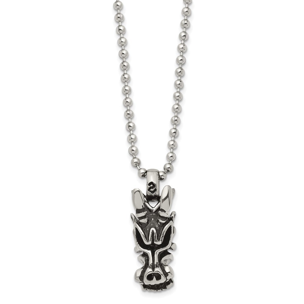 Stainless Steel Antiqued and Polished Dragon Head 22in Necklace