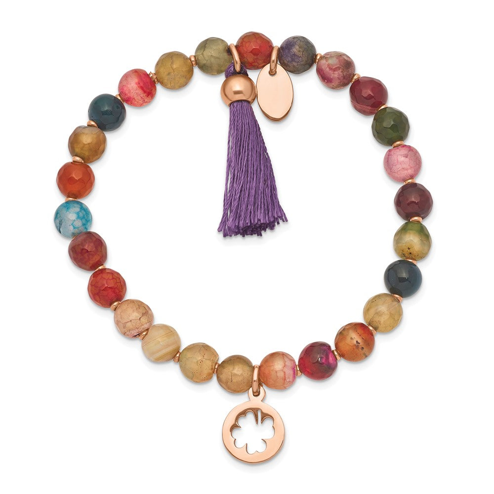 Stainless Steel Polished Rose IP Clover Multi Color Agate Stretch Bracelet 6.25 inches