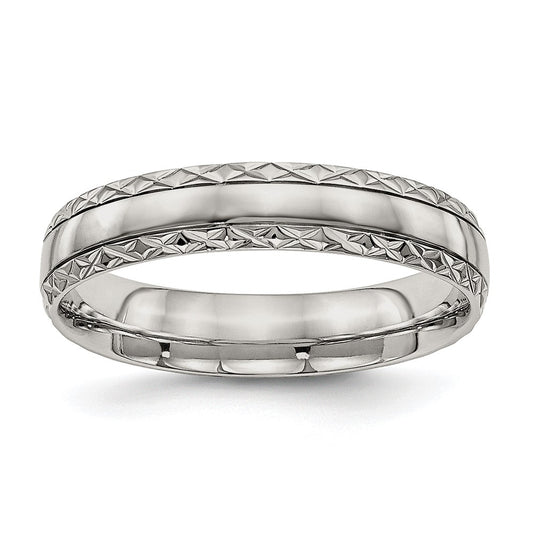 Stainless Steel Polished Satin Center Criss Cross Design 5mm Grooved Band Size - 10.5