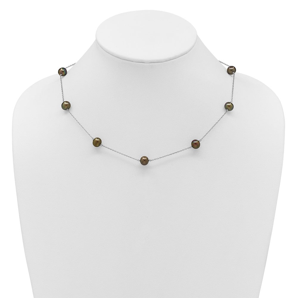 Sterling Silver Rhodium-plated 7-8mm Black Semi-Round Freshwater Cultured Pearl 9-Station 18 inch Necklace 18 Inches