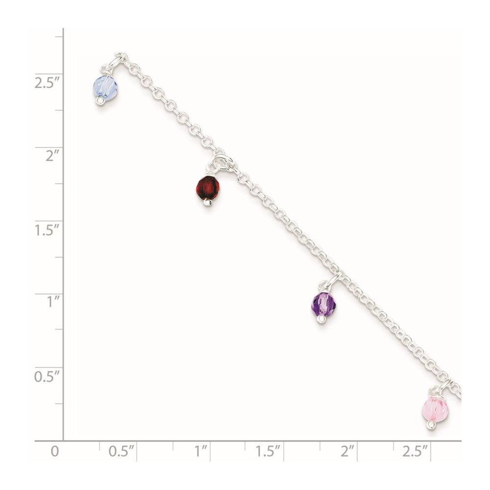 Sterling Silver Polished Multi-colored Beads 9in Plus 1in ext. Anklet 9 inches