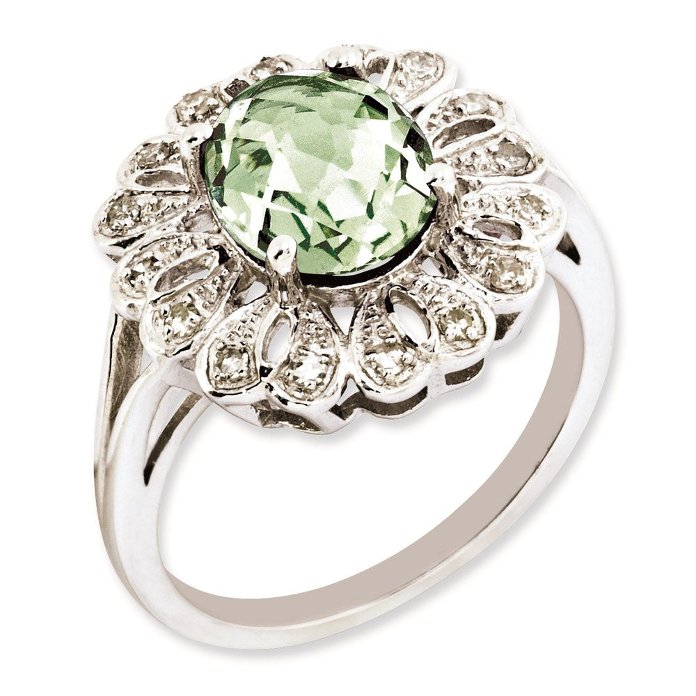 Sterling Silver RH-plated Diamond & Oval Checker-Cut Green Quartz Ring