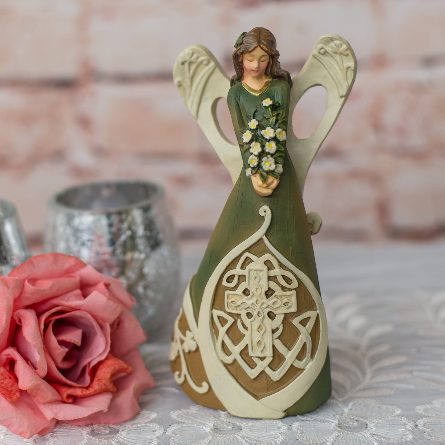 7" Luck of the Irish Woodcut Inspirational Angel Figure with Celtic Cross