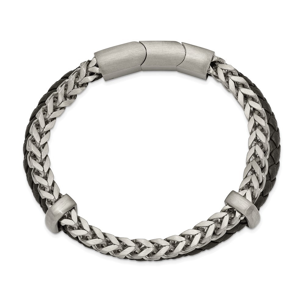 Stainless Steel Brushed Leather and Chain 8in w/.5in ext. Bracelet 8 inches