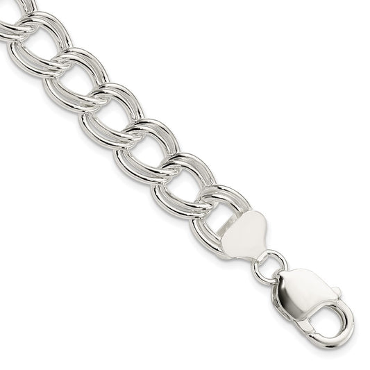 Sterling Silver 11.5mm Solid Double Link Charm Bracelet 8 inches