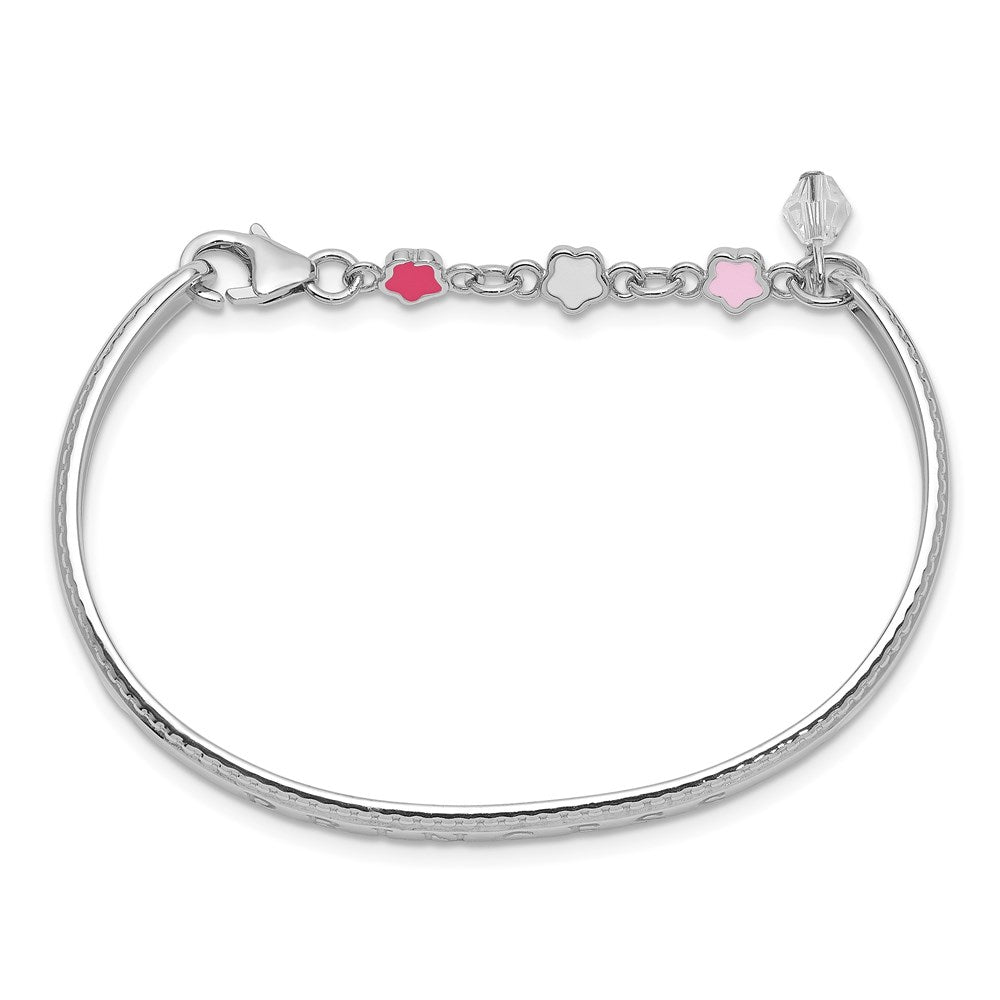 Sterling Silver Rhodium-plated Polished & Beaded Crystal & Multi-color Enameled PRINCESS with Chain Baby Bangle 4.9 inches