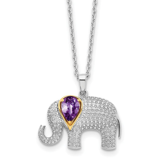 Brilliant Gemstones Sterling Silver with 14K Accent Rhodium-plated Amethyst and Diamond Elephant 18 Inch Necklace with 2 Inch Extender 17 Inches