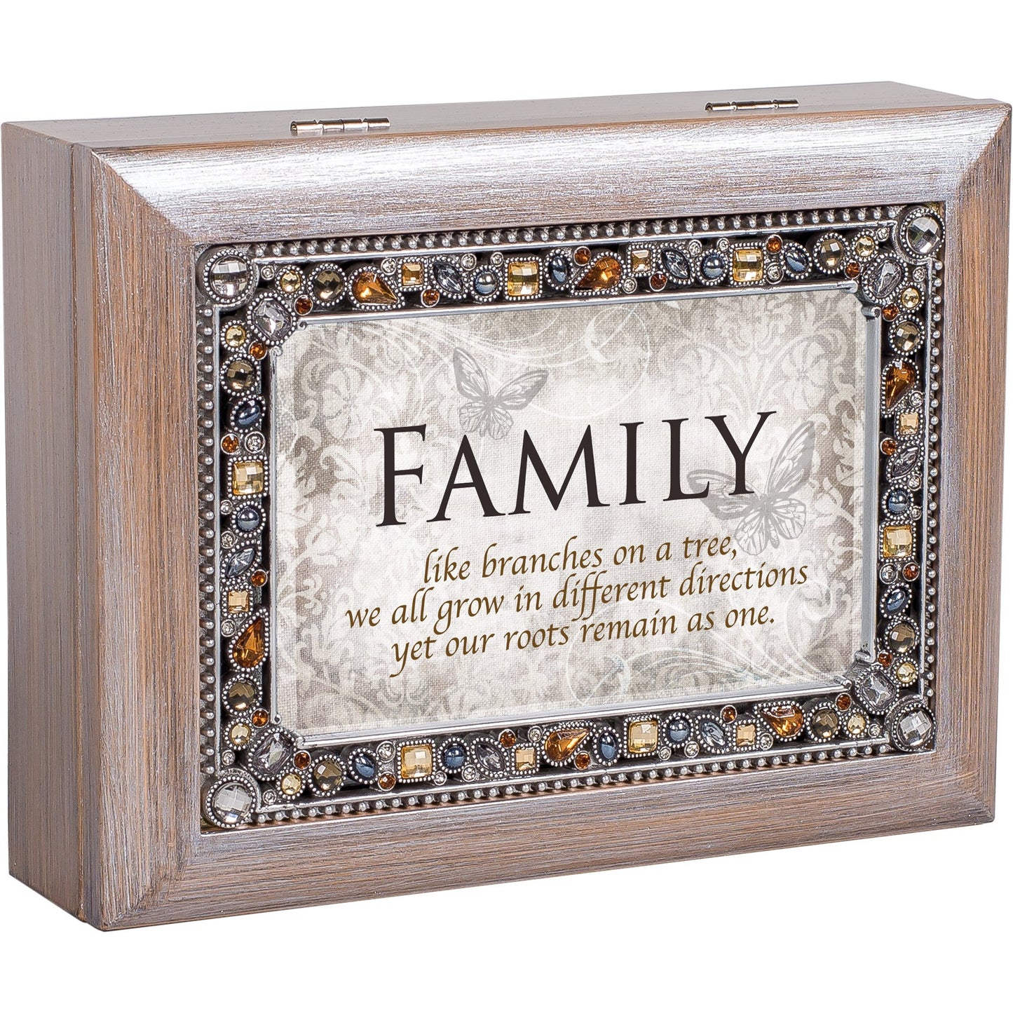 Jeweled Woodgrain Resin FAMILY Sentiment Music Box (Plays Wonderful World) Q-GM18582