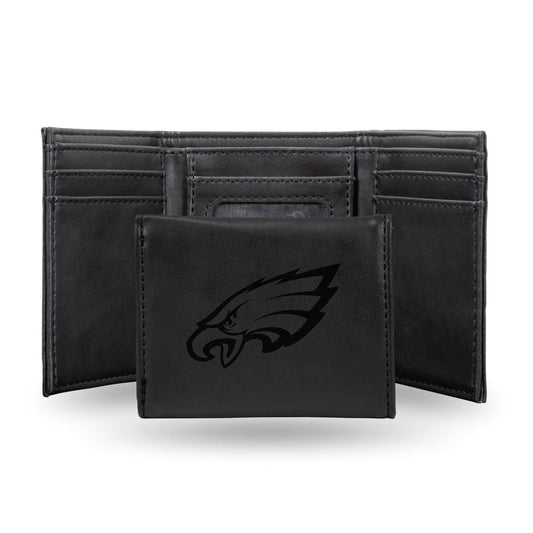 Football Rico Industries Philadelphia  Black Laser Engraved Trifold Laser Engraved Tri-Fold Wallet - Men's Accessory