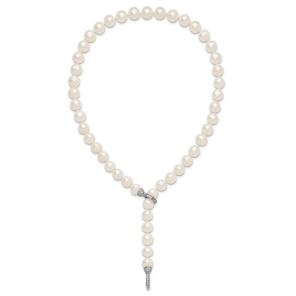Sterling Silver Rhodium-plated 9-10mm White Near-Round Freshwater Cultured Pearl and CZ Clasp Adjustable 18 inch Necklace 18 Inches