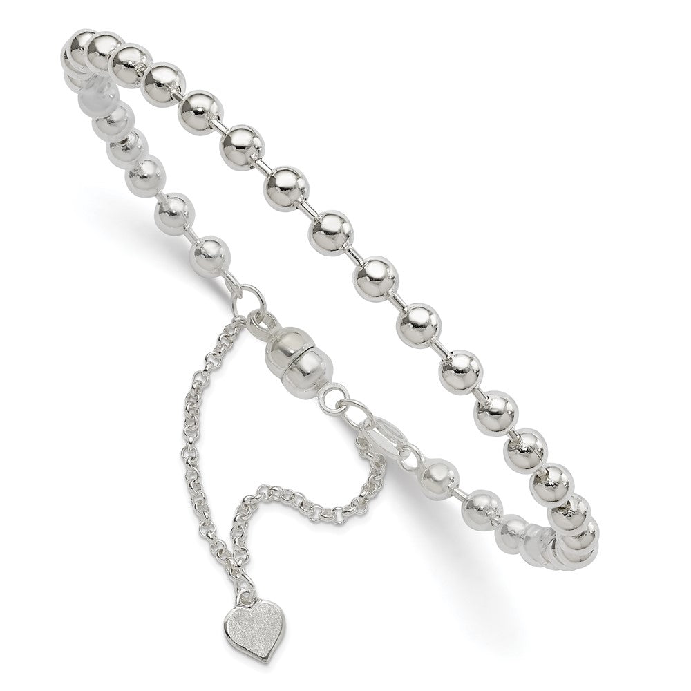 Sterling Silver Polished 4MM Beaded Dangling Heart 7.5 inch Charm Bracelet with Magnetic Clasp 7.5 inches