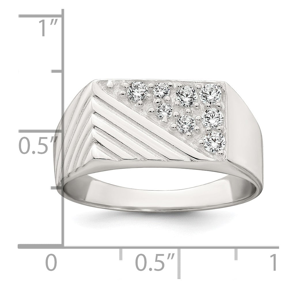 Sterling Silver Polished and Grooved White CZ Size 10 Mens Ring