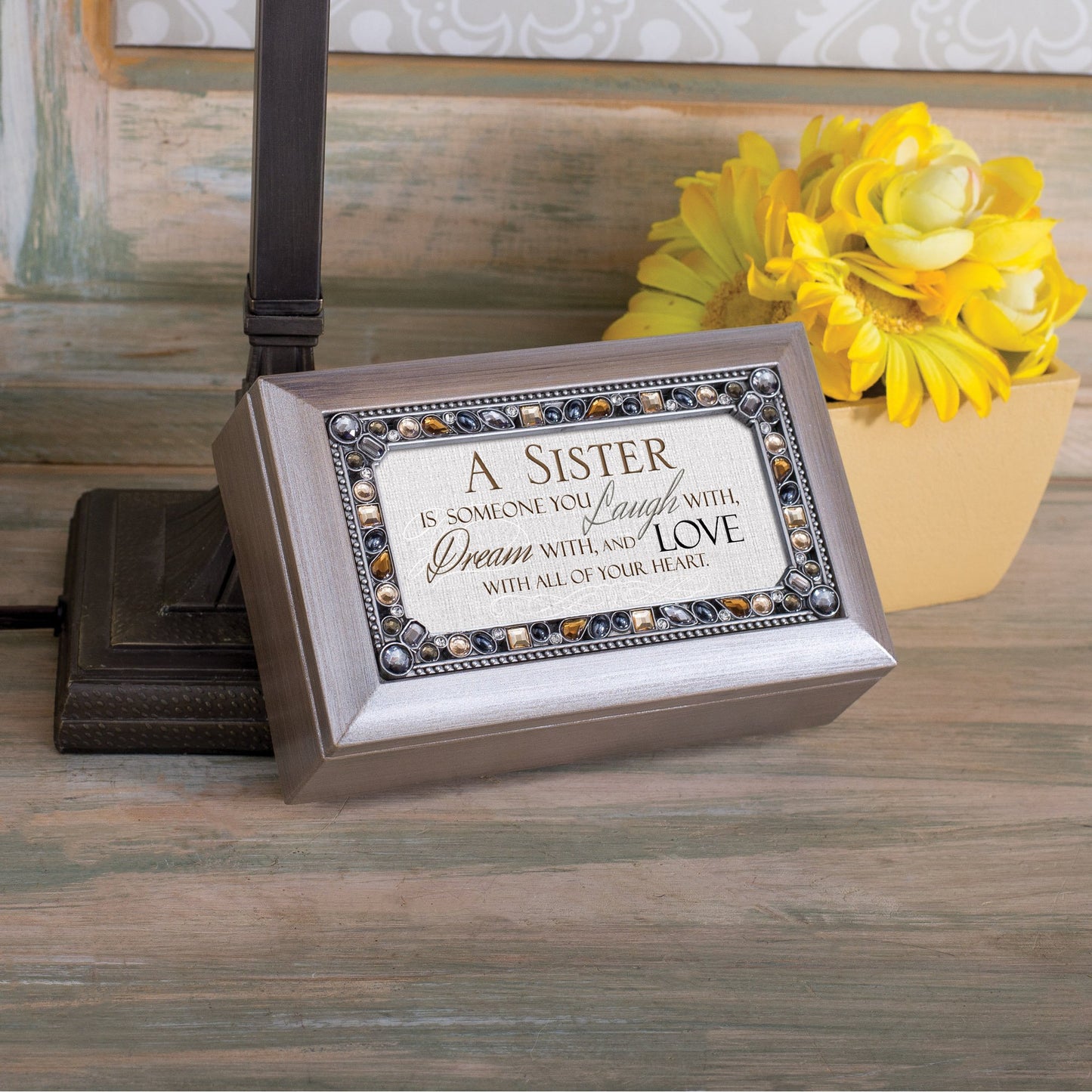 Jeweled Woodgrain Resin SISTER Sentiment Music Box (Plays Edelweiss) QGM18594