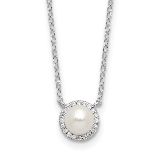 Cheryl M Sterling Silver Rhodium-plated Button Freshwater Cultured Pearl and Brilliant-cut CZ Halo 18 Inch Necklace