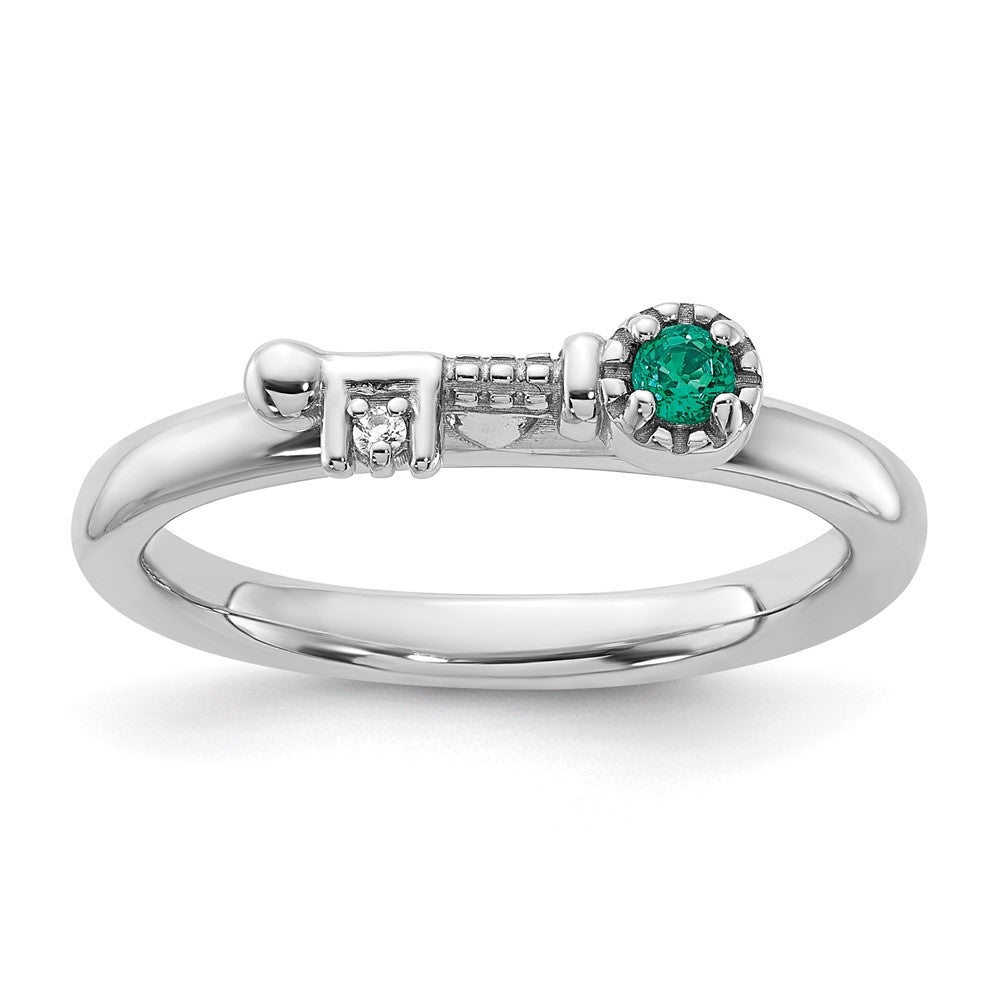 Sterling Silver Stackable Expressions Rhodium-plated Created Emerald and White Topaz Key Ring Size -7