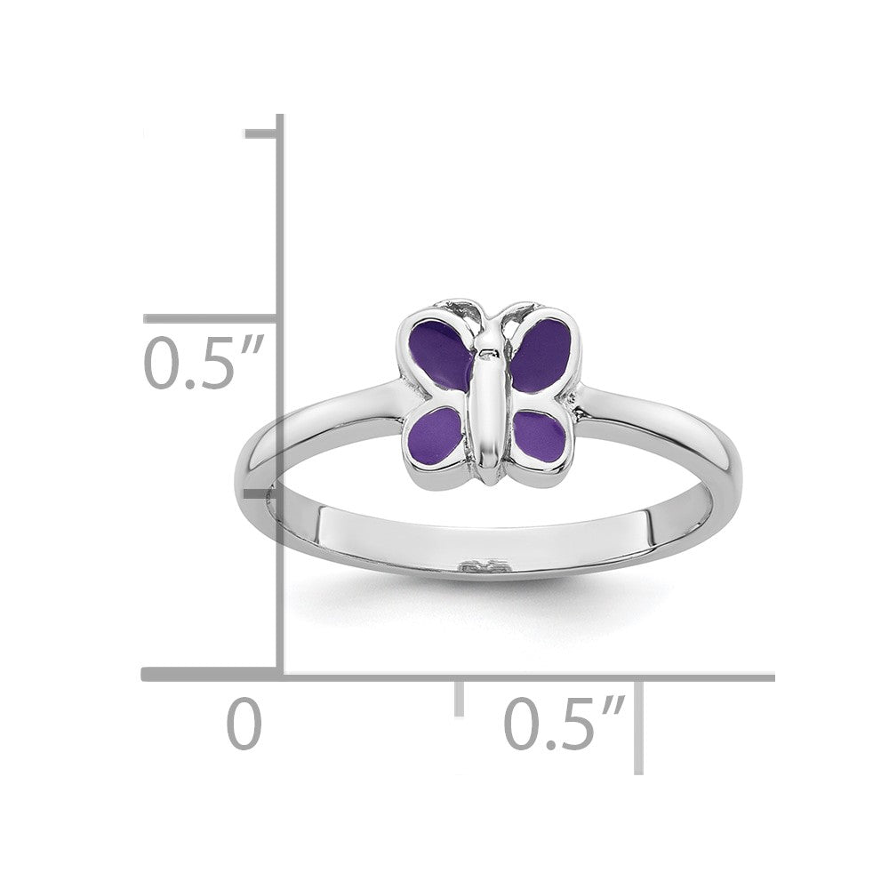 Sterling Silver Rhodium-plated Children's Size 4 Purple Enamel Butterfly Ring