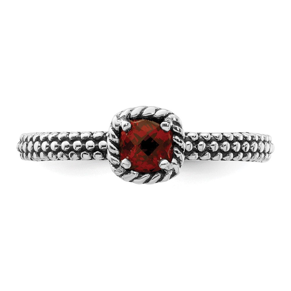Sterling Silver Stackable Expressions Checker-cut Garnet Antiqued Ring Size -8