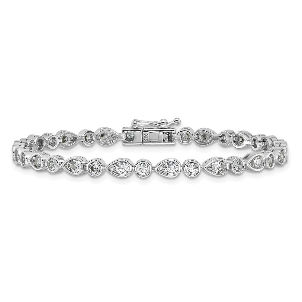 Cheryl M Sterling Silver Rhodium-plated Polished Bezel Set Round and Pear CZ Bracelet 7.25 inches