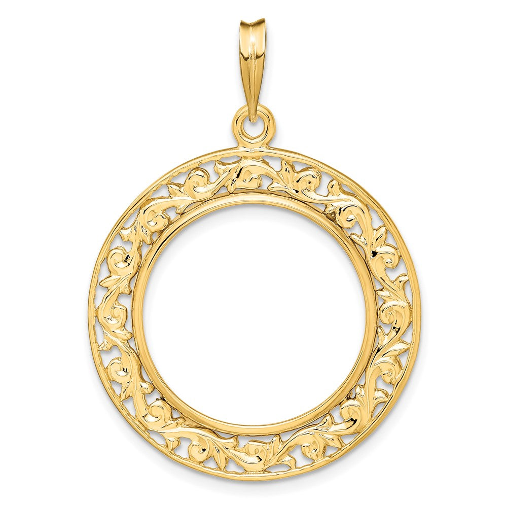 Wideband Distinguished Coin Jewelry 14k Polished Curved Filigree 21.6mm Prong Coin Bezel Pendant
