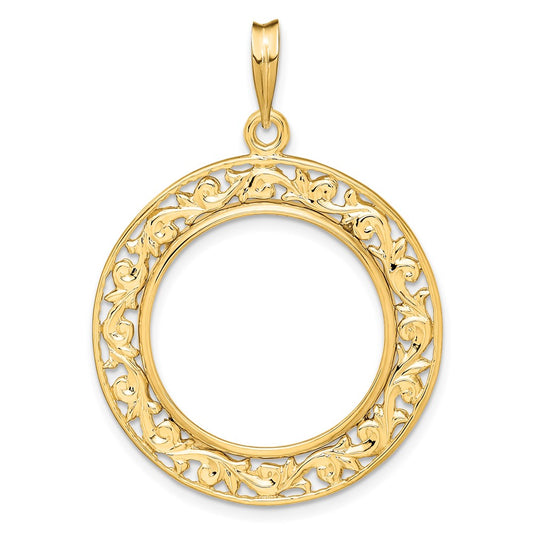 Wideband Distinguished Coin Jewelry 14k Polished Curved Filigree 21.6mm Prong Coin Bezel Pendant