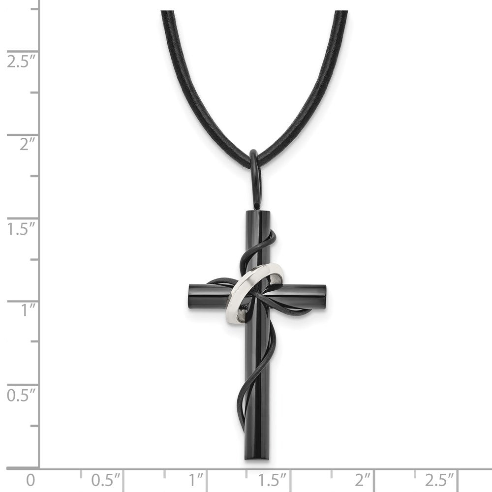 Stainless Steel Polished Black IP-plated Cross 20in Leather Cord Necklace