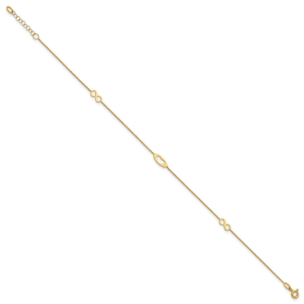 14k Polished Infinity and Heart 9 inch with 1 inch Extender Anklet