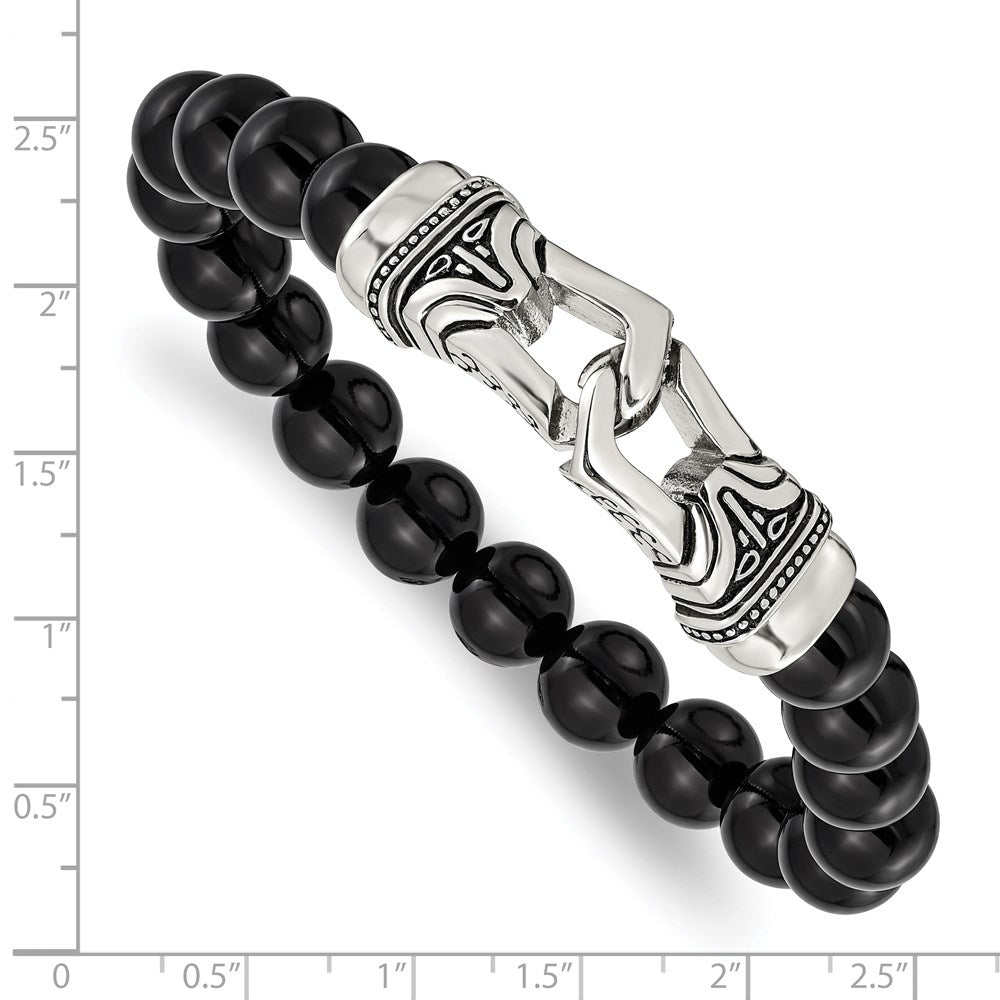 Stainless Steel Antiqued and Polished Black Agate Stretch Bracelet 7.25 inches