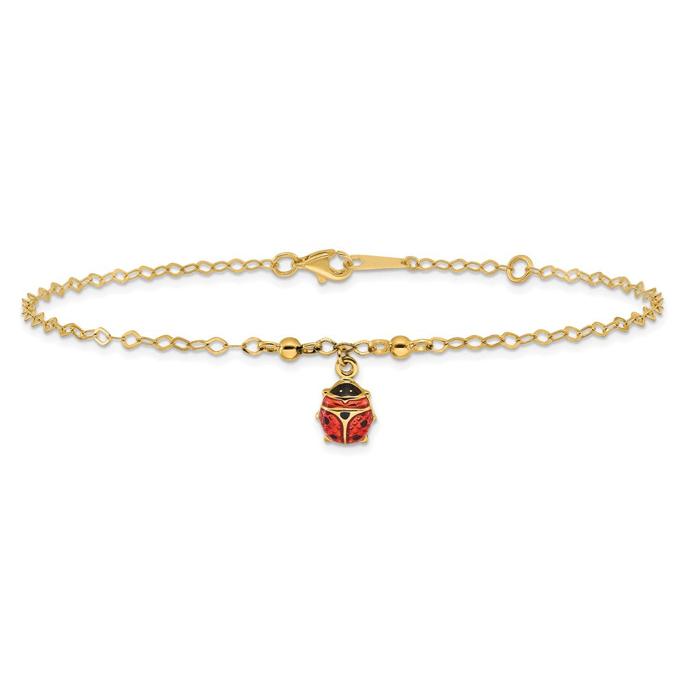 14K Adjustable Enameled Ladybug 9in Plus 1in ext. Anklet 10 inches