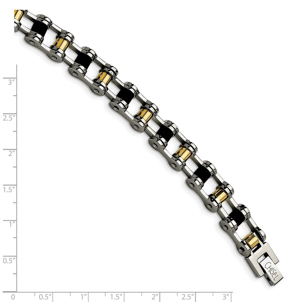 Stainless Steel 8.75in Polished Yellow IP-plated w/Black Rubber Bracelet 8.75 inches