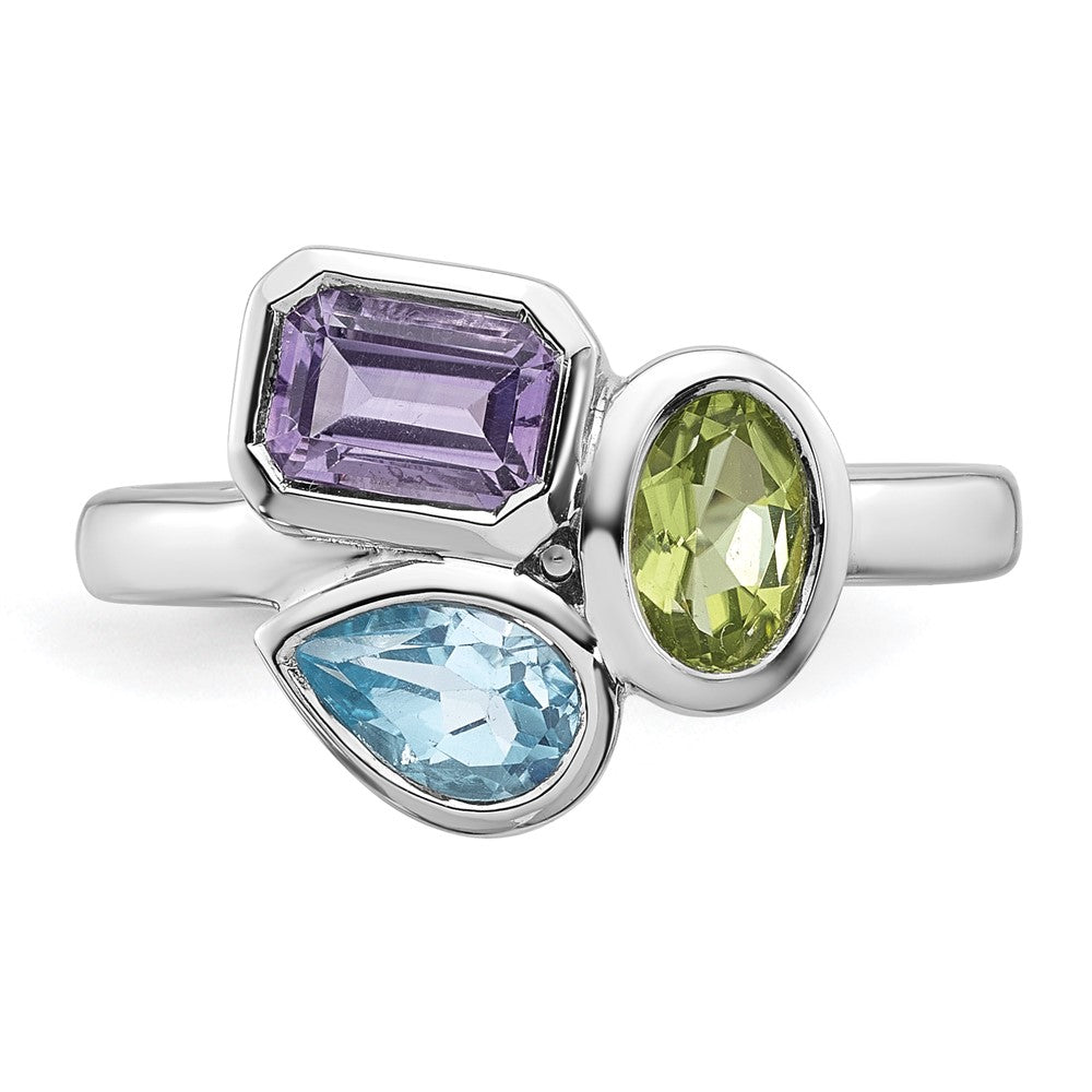 Sterling Silver Rhodium-plated Polished Pear Blue Topaz, Oval Peridot and Emerald-cut Amethyst Size 7 Ring