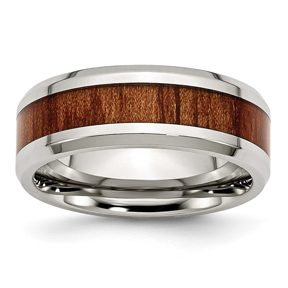 Stainless Steel Polished Red/Orange Koa Wood Enameled 8mm Band Size - 10.5
