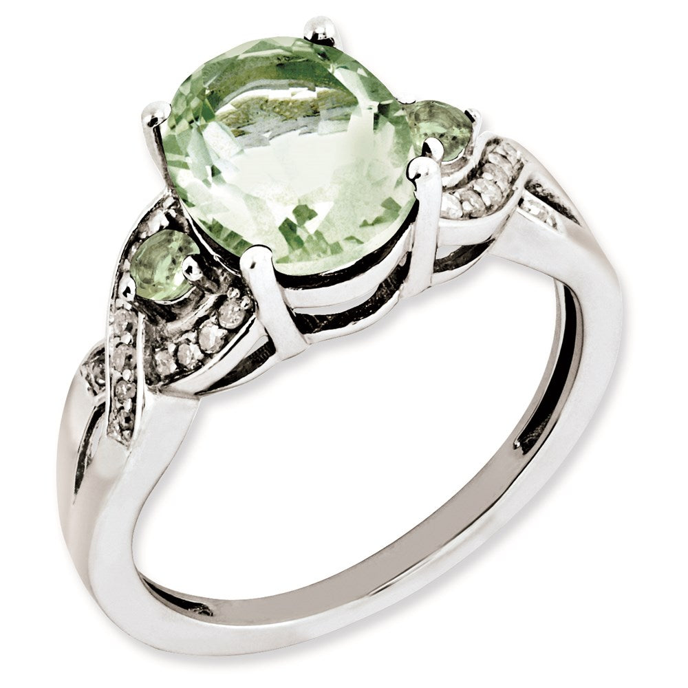 Sterling Silver Rhodium-plated Oval Diamond & Green Quartz Ring