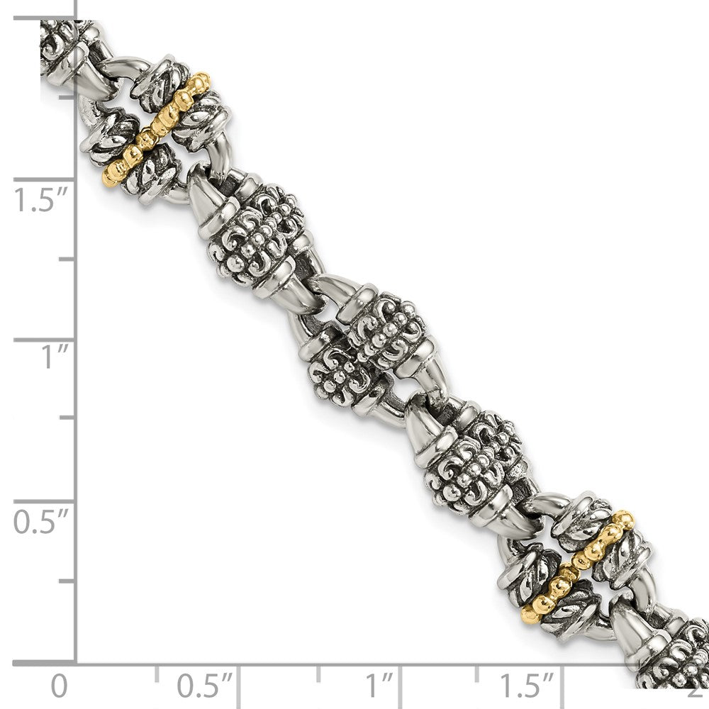 Sterling Silver w/14k Accent Antiqued Beaded Fancy Link Bracelet
